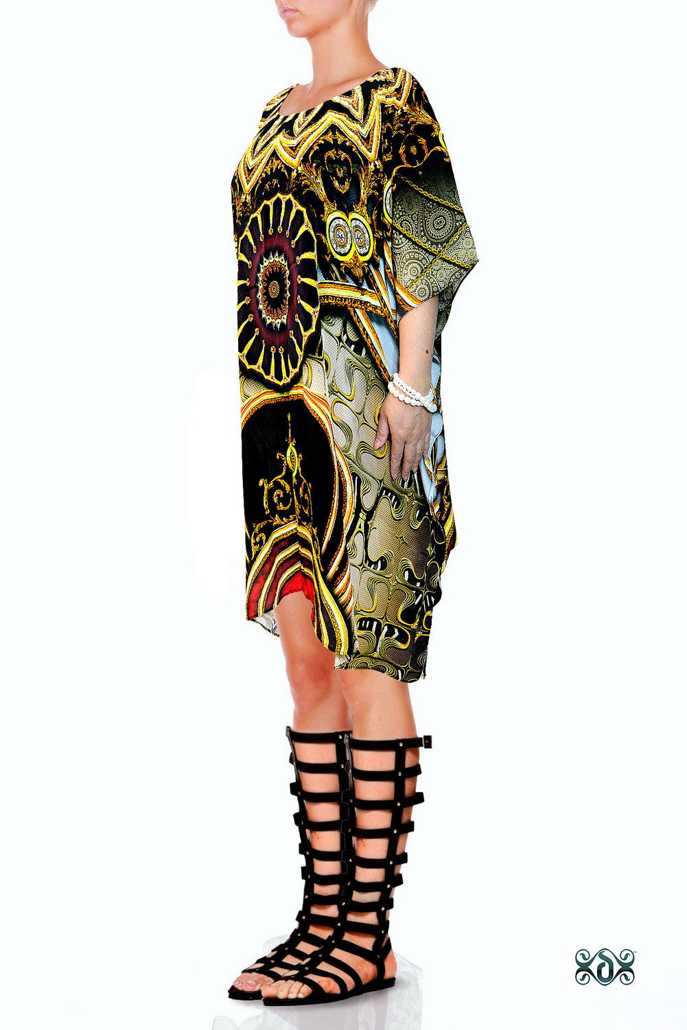 Ornate Mandala Pure Silk Kaftan, Short Embellished Caftan, Premium Silk Kaftan - 1109B