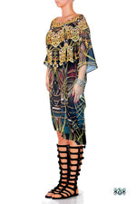 Golden Intricate Kaftan, Short Georgette Kaftan, Crystals Embellished Caftan - 1113A