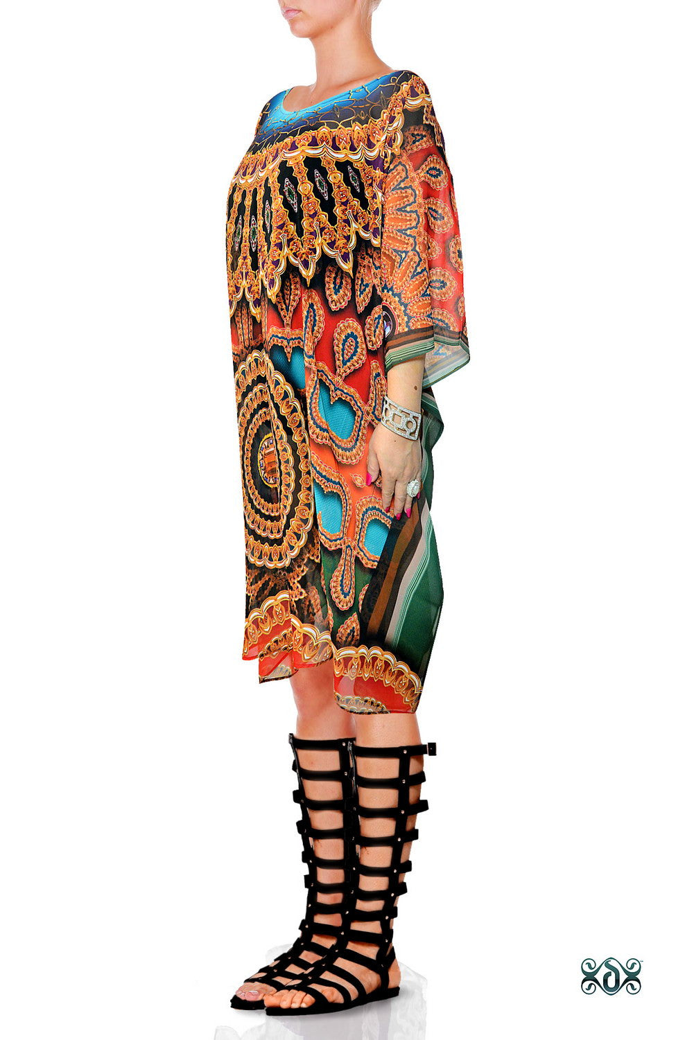 MORROQOE Blue Intricate Ornate Devarshy Short Georgette Kaftan - 1115B