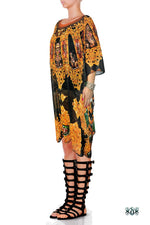 Dark Ornamental Kaftan, Short Georgette Kaftan, Crystals Embellished Caftan - 1116A