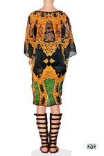 Dark Ornamental Kaftan, Short Georgette Kaftan, Crystals Embellished Caftan - 1116A