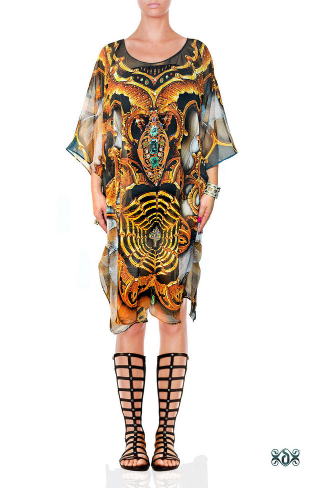 Ornate Grey Pure Silk Kaftan, Crystals Embellished Caftan, Short Baroque Kaftan - 1117D