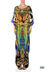 ART NOUVEAU Blue Rhythmic Curves Devarshy Long Georgette Kaftan - 1118A