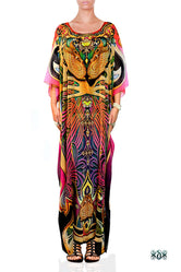 ART NOUVEAU Artistic Decorated Fuchsia Devarshy Long Embellished Kaftan - 1118B