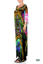 NATURE MORTE Ornate Peacock Feathers Devarshy Long Embellished Kaftan - 1119A
