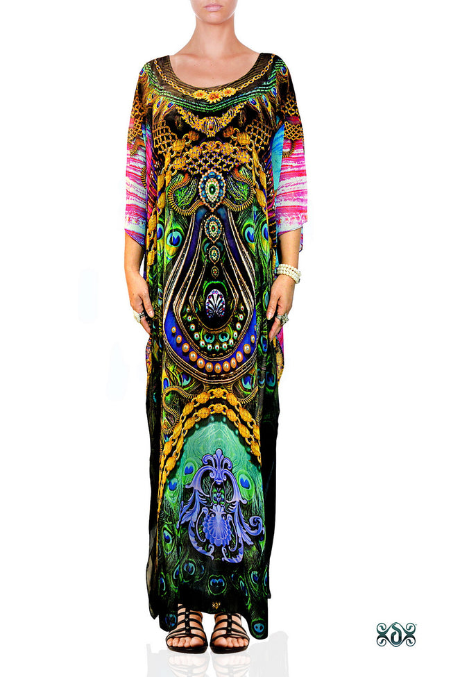 NATURE MORTE Ornate Peacock Feathers Devarshy Long Embellished Kaftan - 1119A