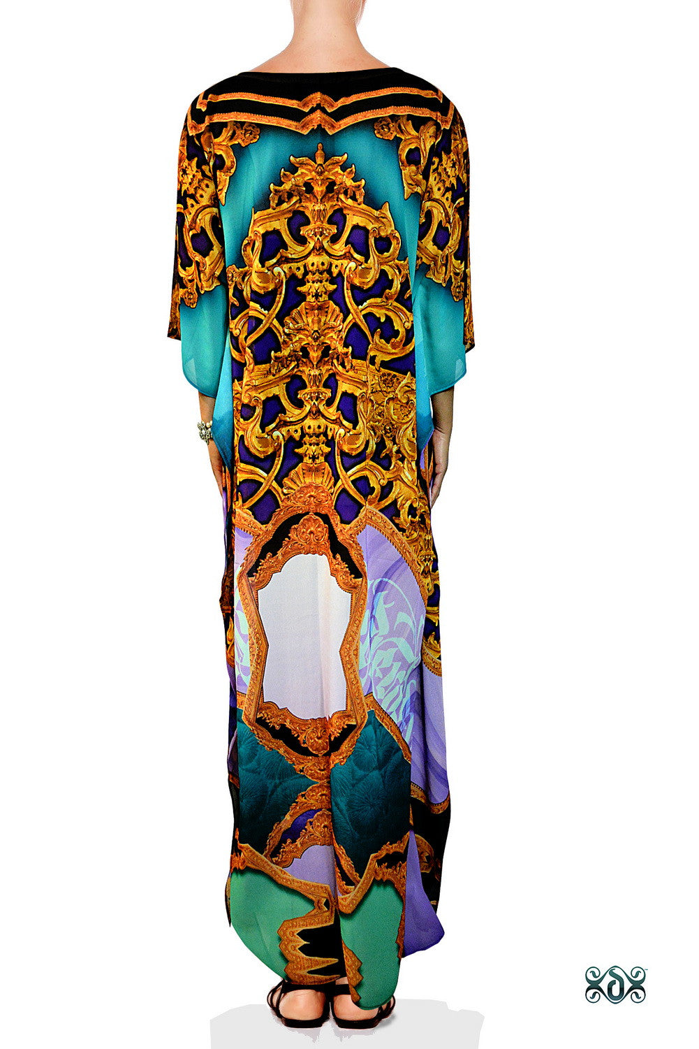 Ornate Calligraphy Kaftan, Long Georgette Kaftan, Crystals Embellished Caftan - 1121A