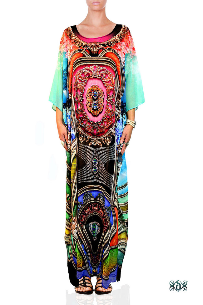 Aqua Baroque Long Kaftan, Crystals Embellished Caftan, Long Georgette Kaftan - 1125A