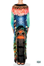 Aqua Baroque Long Kaftan, Crystals Embellished Caftan, Long Georgette Kaftan - 1125A