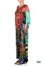 Aqua Baroque Long Kaftan, Crystals Embellished Caftan, Long Georgette Kaftan - 1125A