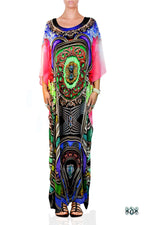 Vibrant Baroque Long Kaftan, Crystals Embellished Kaftan, Georgette Kaftan - 1125C