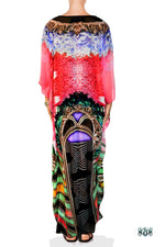 Vibrant Baroque Long Kaftan, Crystals Embellished Kaftan, Georgette Kaftan - 1125C