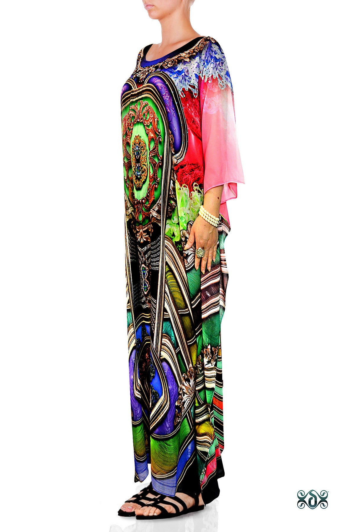 Vibrant Baroque Long Kaftan, Crystals Embellished Kaftan, Georgette Kaftan - 1125C