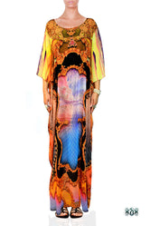 Yellow Scenic Long Kaftan, Crystals Embellished Caftan, Long Georgette Kaftan - 1128B