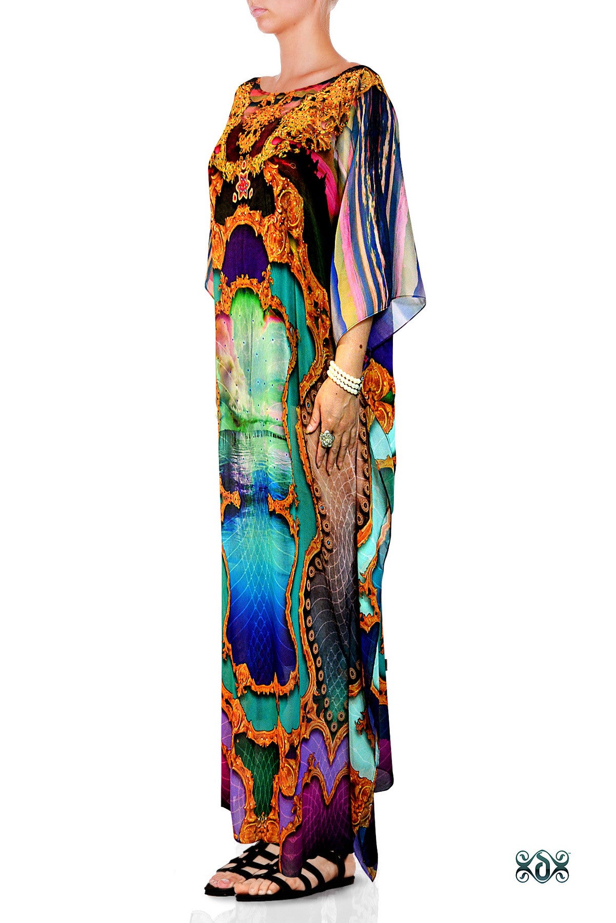Scenic Baroque Long Kaftan, Crystals Embellished Kaftan, Georgette Kaftan - 1128C