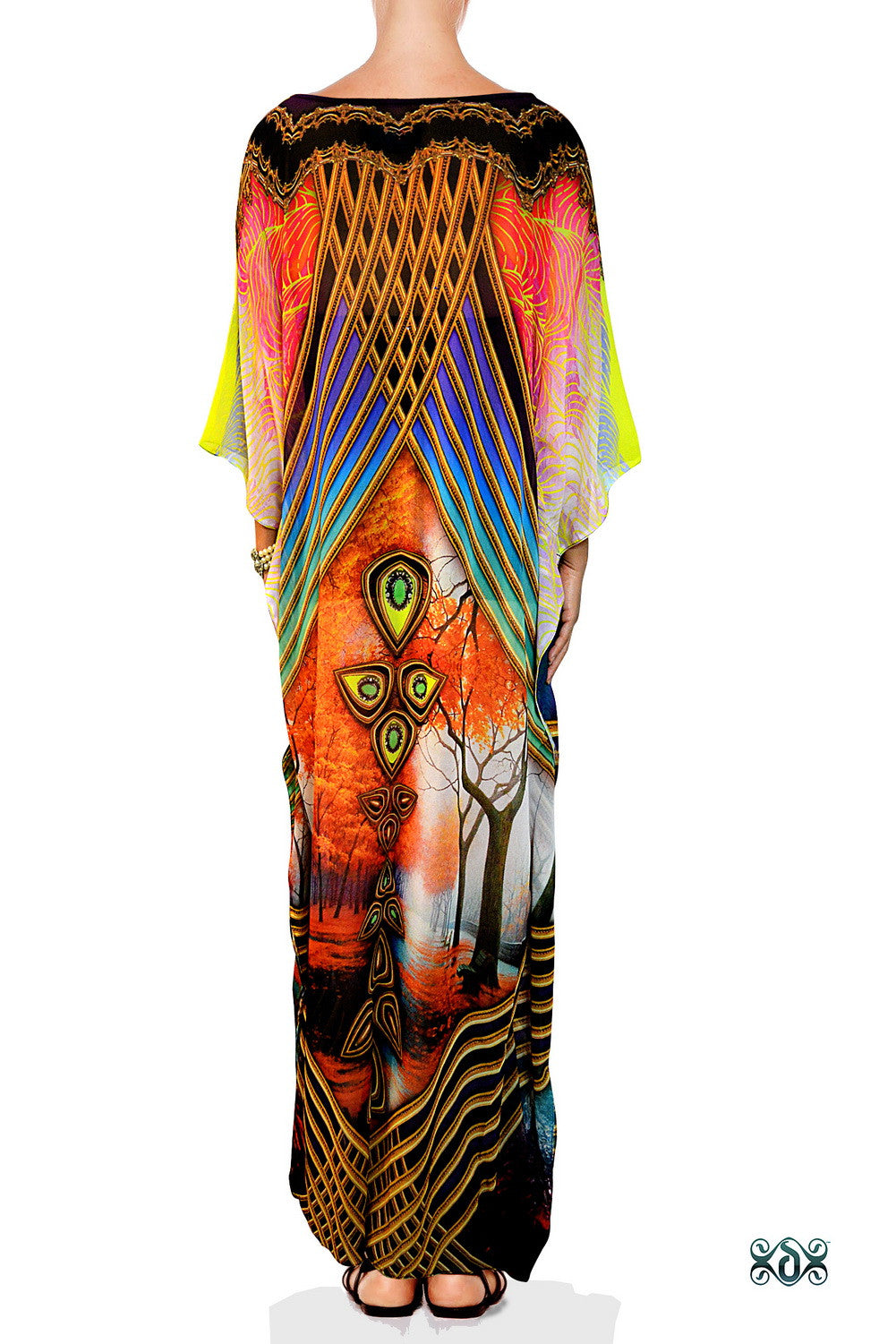 Vibrant Scenic Long Kaftan, Crystals Embellished Caftan, Long Georgette Kaftan - 1129A
