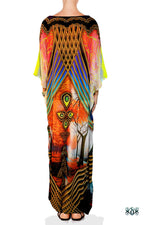 Vibrant Scenic Long Kaftan, Crystals Embellished Caftan, Long Georgette Kaftan - 1129A