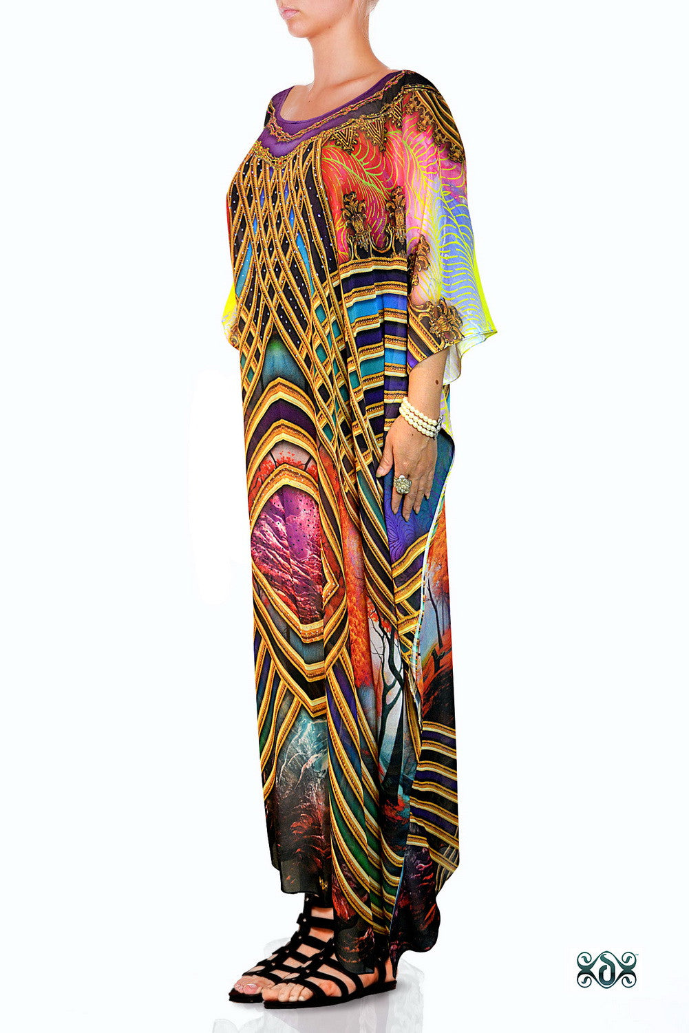 Vibrant Scenic Long Kaftan, Crystals Embellished Caftan, Long Georgette Kaftan - 1129A
