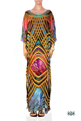 Vibrant Scenic Baroque Kaftan, Crystals Embellished Caftan, Long Georgette Kaftan - 1129B