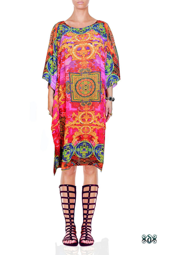 Devarshy Dazzling Pink Tibetan Painting Designer Short Embellished Kaftan Dress -1066A , Apparel - DEVARSHY, DEVARSHY
 - 1