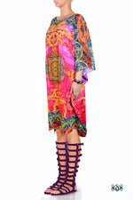 Devarshy Dazzling Pink Tibetan Painting Designer Short Embellished Kaftan Dress -1066A , Apparel - DEVARSHY, DEVARSHY
 - 2