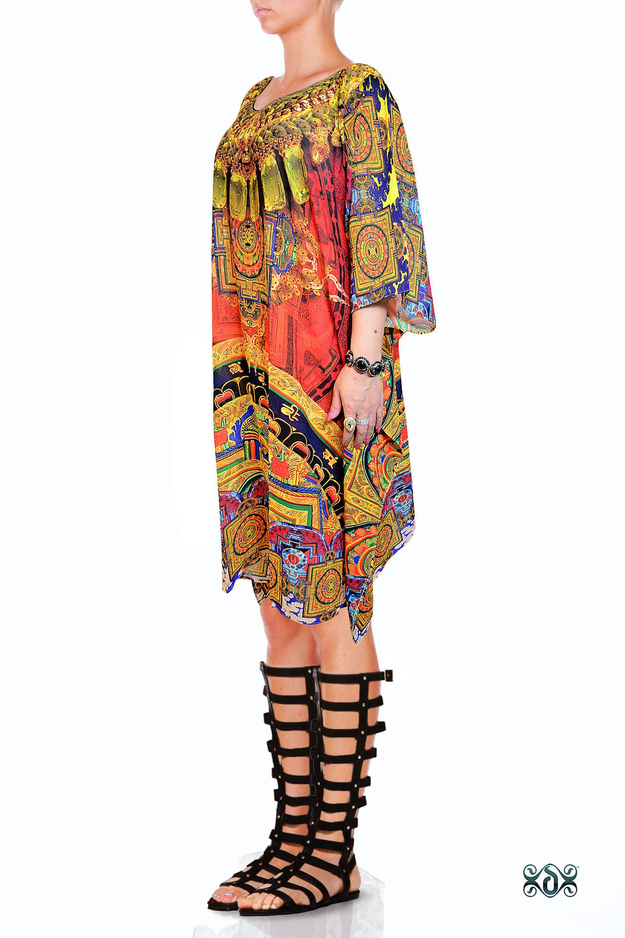 Devarshy Designer Red Tibetan Painting Short Embellished Kaftan Beachwear -1065D , Apparel - DEVARSHY, DEVARSHY
 - 2