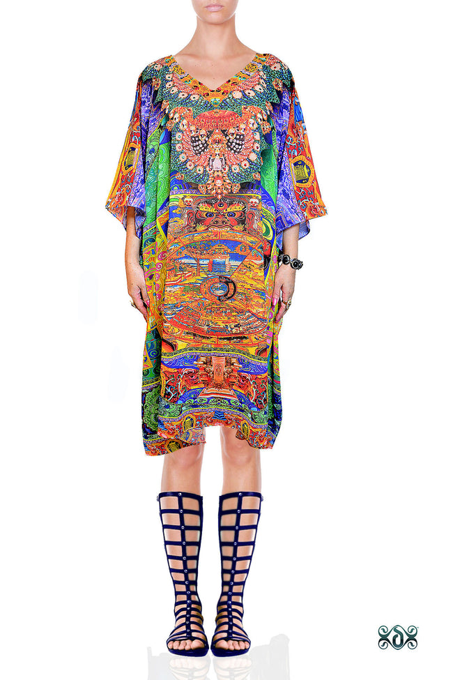 Devarshy Intricate Tibetan Thangka Printed Short Georgette Kaftan - 1064C.