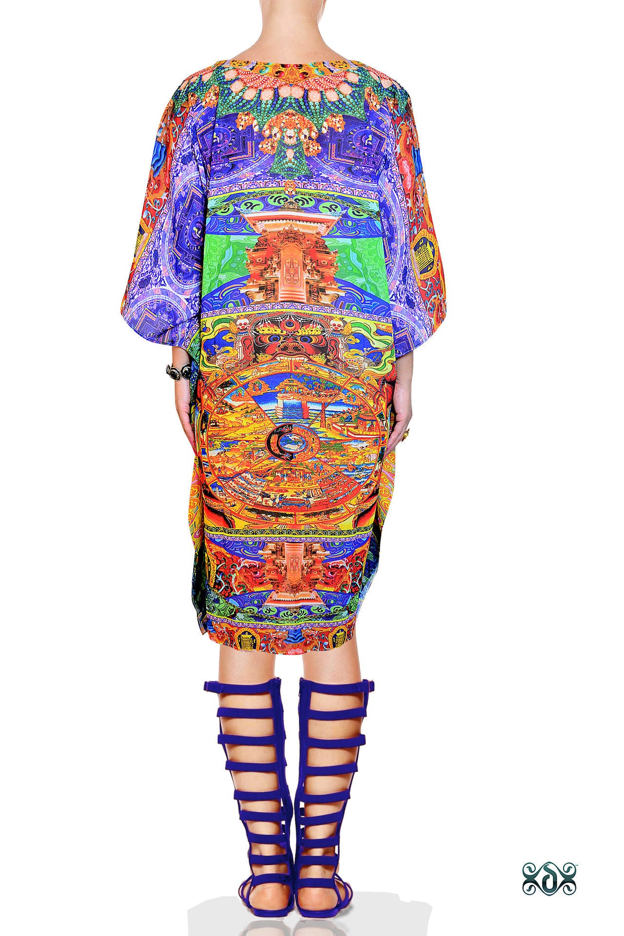 Devarshy Intricate Tibetan Thangka Printed Short Georgette Kaftan - 1064C.