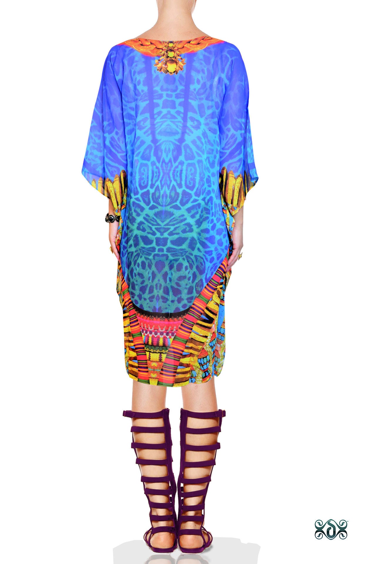 Devarshy Designer Cobalt Blue Animal Print Lion Face Short Embellished Kaftan - 1092D , Apparel - DEVARSHY, DEVARSHY
 - 3