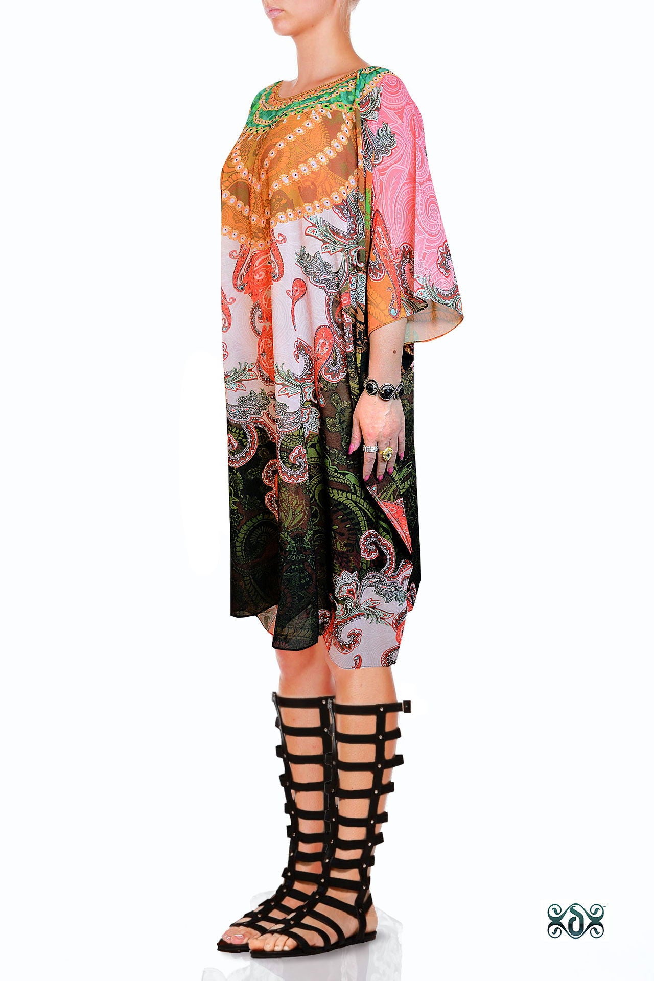 Devarshy Designer Digital Print Paisley Design Short Embellished Kaftan Tunic - 1087C , Apparel - DEVARSHY, DEVARSHY
 - 2