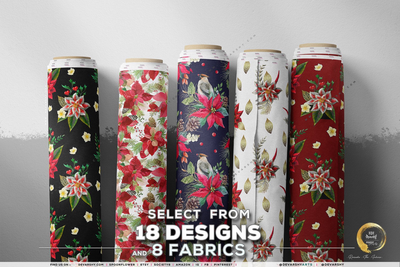 Red Poinsettia Apparel Fabric 3Meters+, 9 Designs | 8 Fabrics Option | Fabric By the Yard | 070