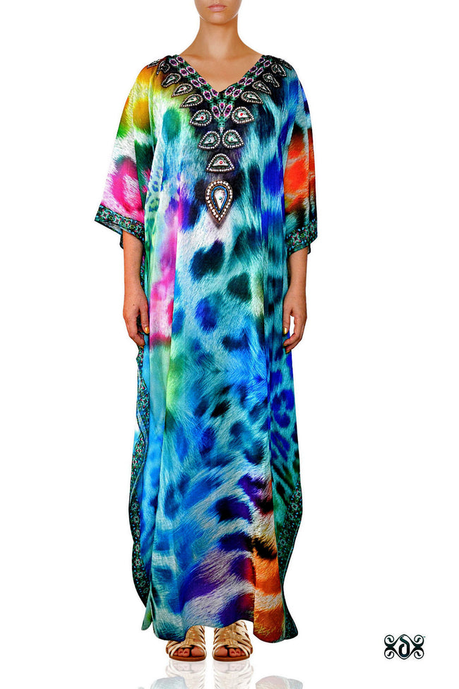 Devarshy Designer Animal print Turquoise Leopard Long Embellished Kaftan Dress - 006 , Apparel - DEVARSHY, DEVARSHY
 - 1