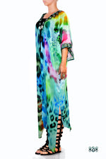 Devarshy Turquoise Leopard Animal Print Georgette Long Open Designer Kimono Jacket - 006