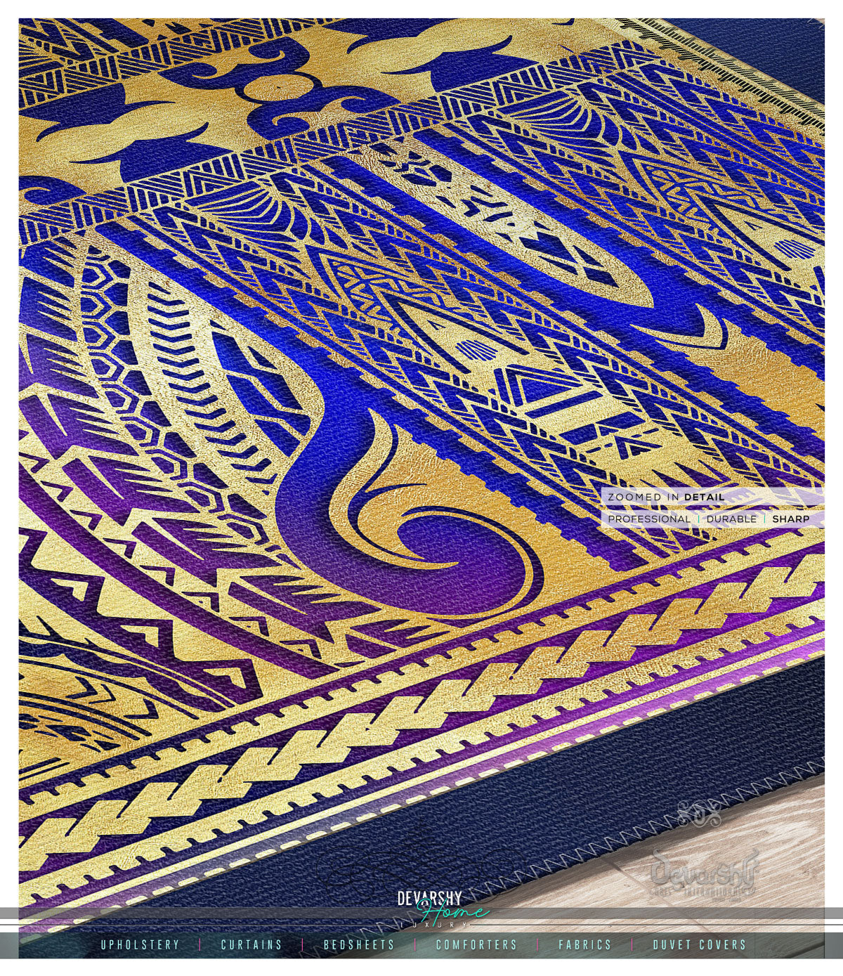 Cobalt Blue Area Rug, Polynesian Art Carpet, Maori Art Rug, Chenille Area Rug for Bedroom 3 Sizes | 100529