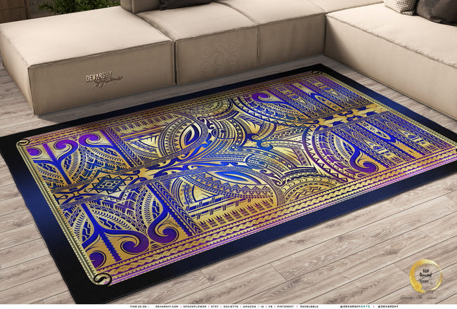 Cobalt Blue Area Rug, Polynesian Art Carpet, Maori Art Rug, Chenille Area Rug for Bedroom 3 Sizes | 100529