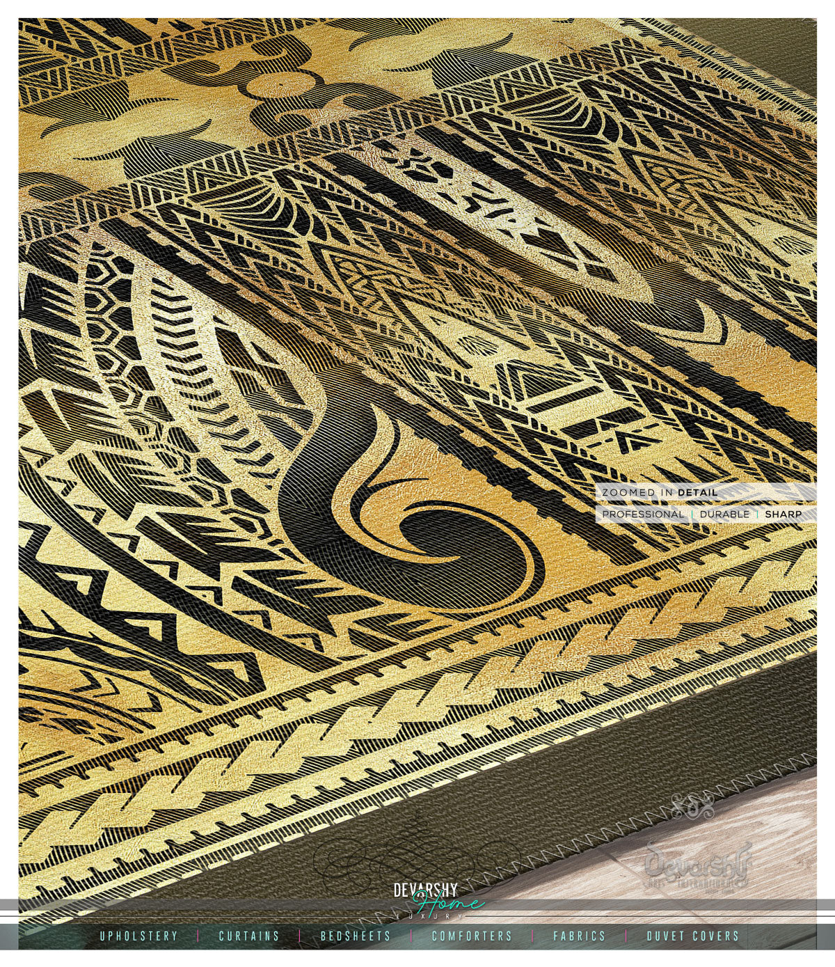 Polynesian Art Area Rug, Gold and Grey Carpet, Chenille Area Rug for Bedroom, in 3 sizes | 100535