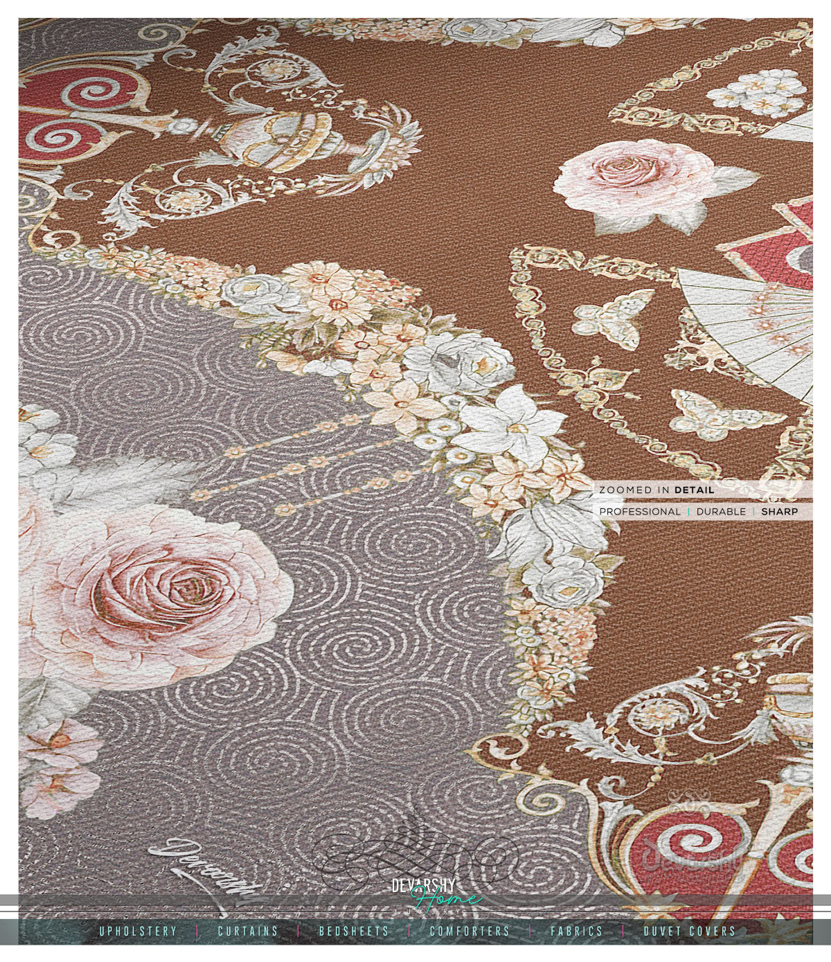 Brown Baroque Floral Print Area Rug, Available in 3 sizes | D20008