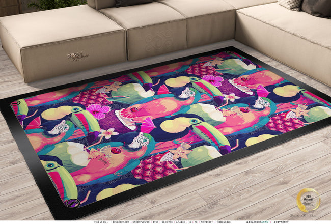 Magenta Tropical Birds Area Rug, Available in 3 sizes | D20023