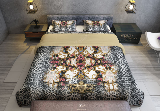 White Snow Leopard Print Duvet Cover, Bed Linen, Luxury Bedding, Devarshy Home, GT -