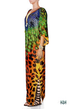 NATURE MORTE Cheetah Peacock Devarshy Long Georgette Kimono Jacket