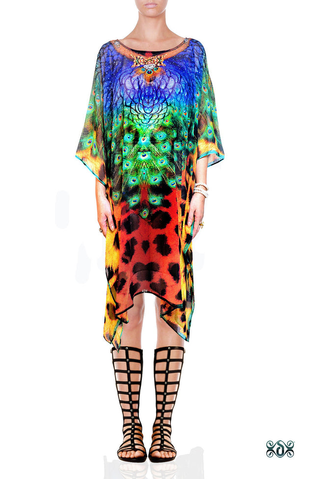 NATURE MORTE Cheetah Peacock Pure Silk Devarshy Short Embellished Kaftan.