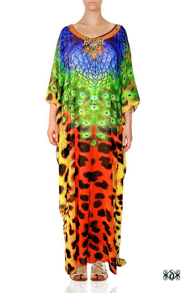 NATURE MORTE Cheetah Peacock Devarshy Animal Print Long Kaftan.