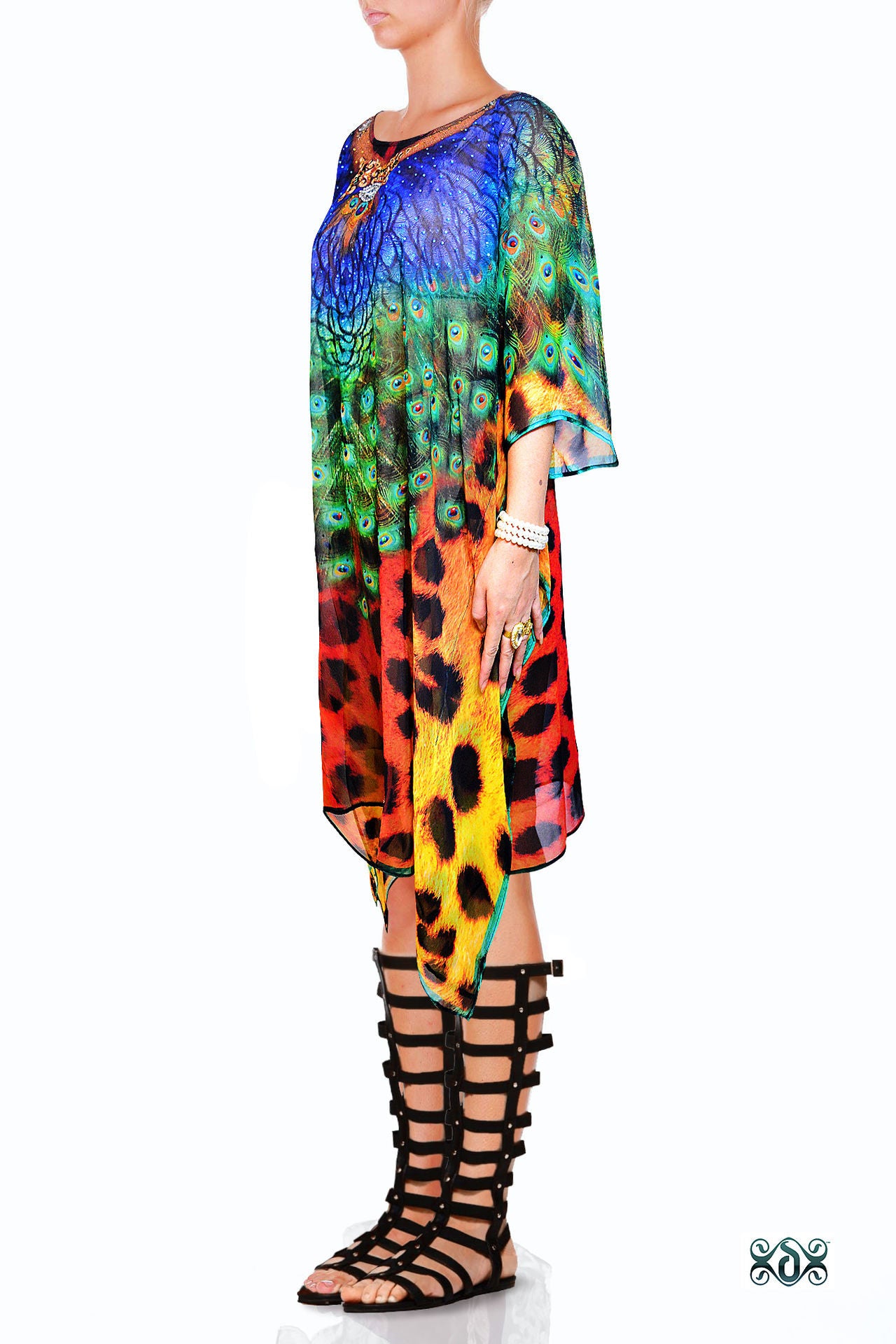 NATURE MORTE Cheetah Peacock Pure Silk Devarshy Short Embellished Kaftan.
