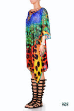 NATURE MORTE Cheetah Peacock Pure Silk Devarshy Short Embellished Kaftan.
