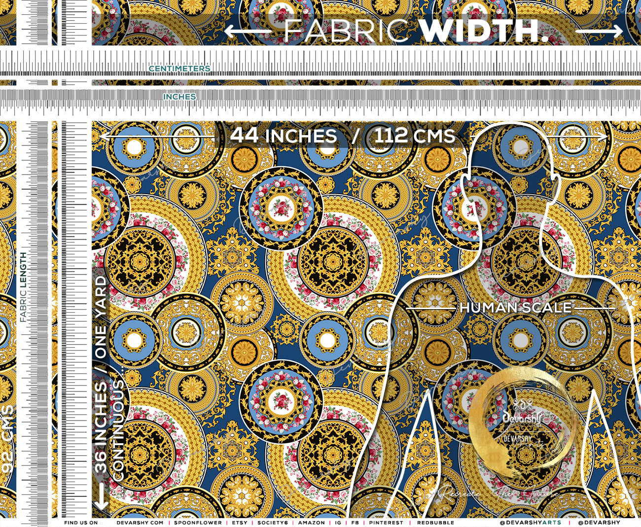 Gold Circles Apparel Fabric 3Meters+, 9 Designs | 8 Fabrics Option | Baroque Fabric By the Yard | 031