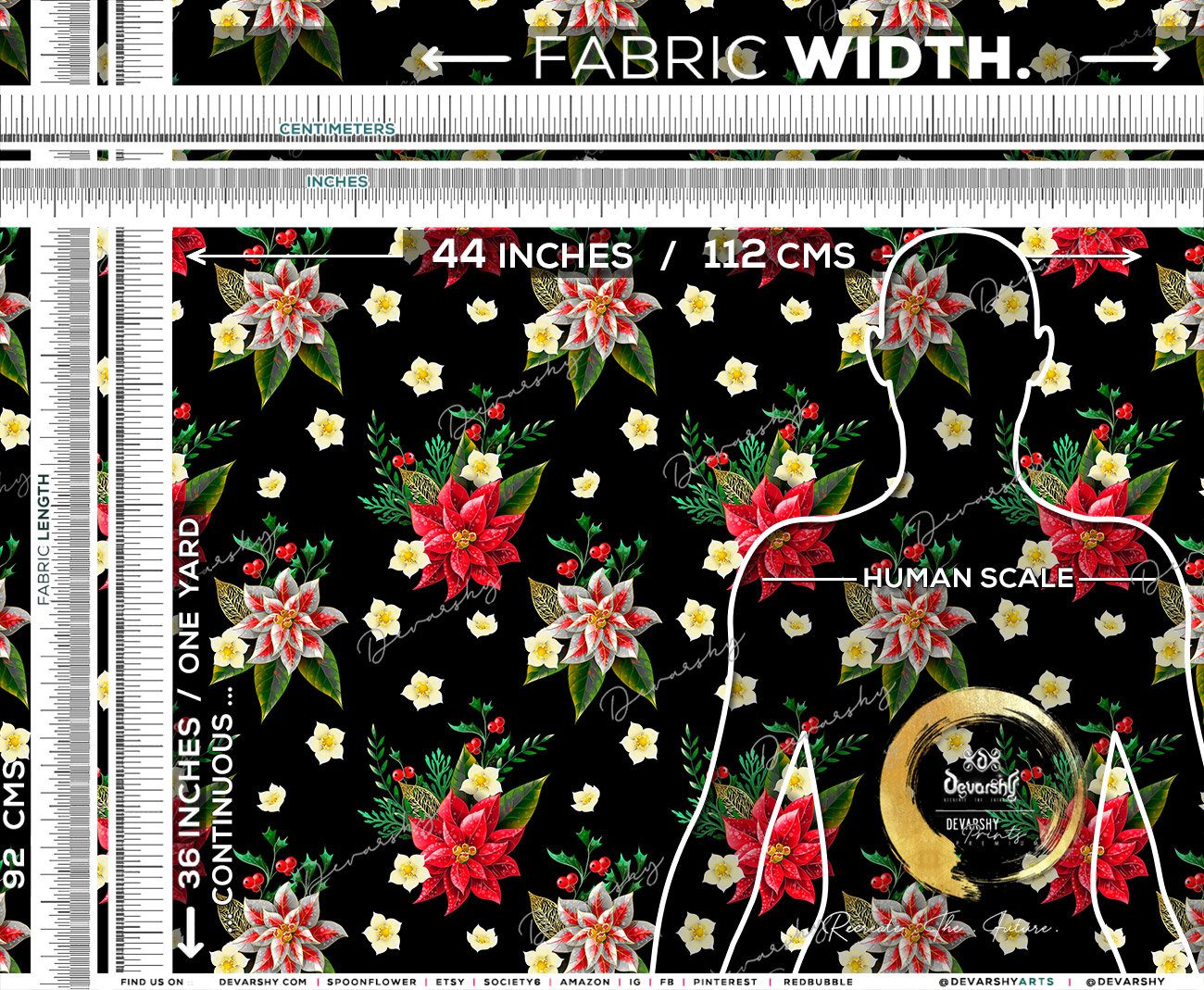 Red Poinsettia Apparel Fabric 3Meters+, 9 Designs | 8 Fabrics Option | Fabric By the Yard | 070
