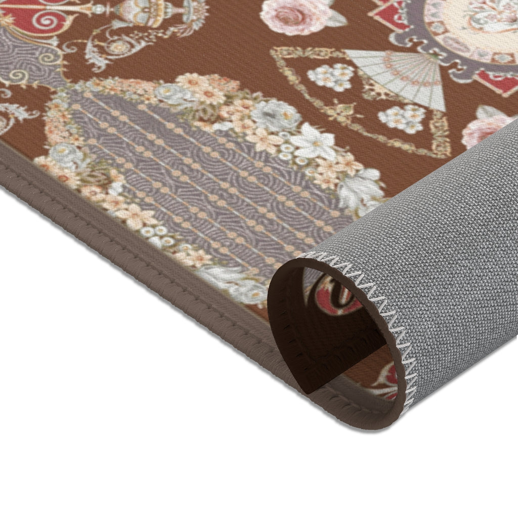 Brown Baroque Floral Print Area Rug, Available in 3 sizes | D20008