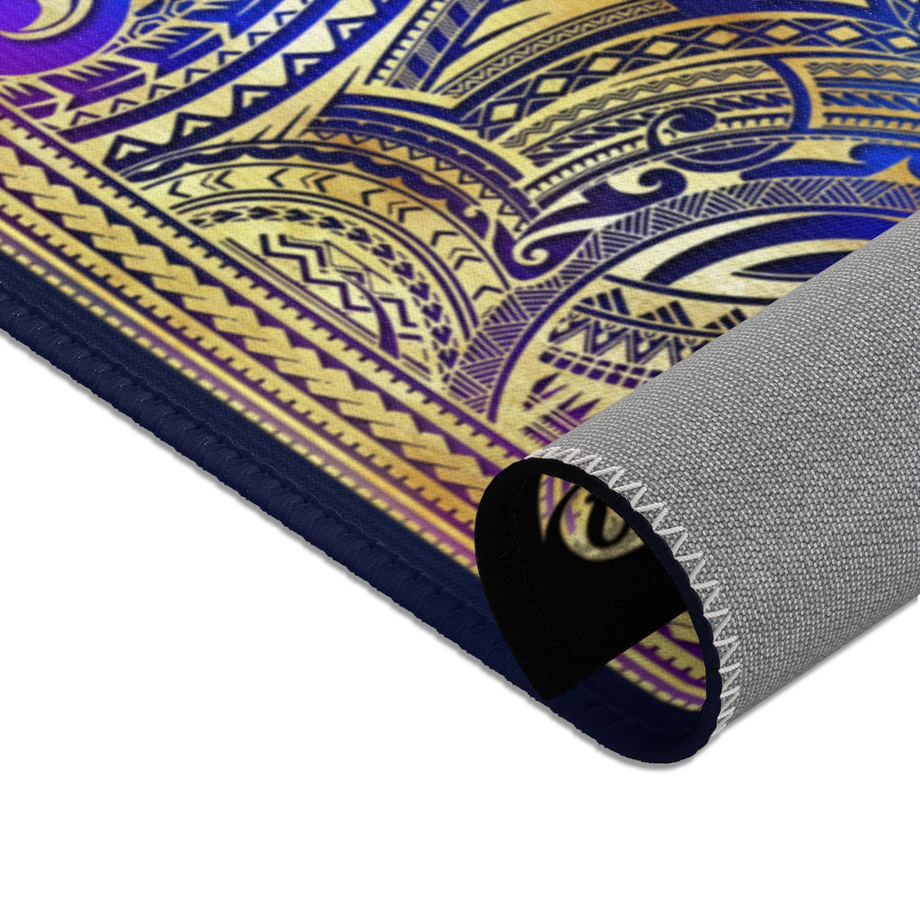 Cobalt Blue Area Rug, Polynesian Art Carpet, Maori Art Rug, Chenille Area Rug for Bedroom 3 Sizes | 100529
