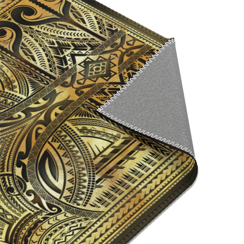 Polynesian Art Area Rug, Gold and Grey Carpet, Chenille Area Rug for Bedroom, in 3 sizes | 100535