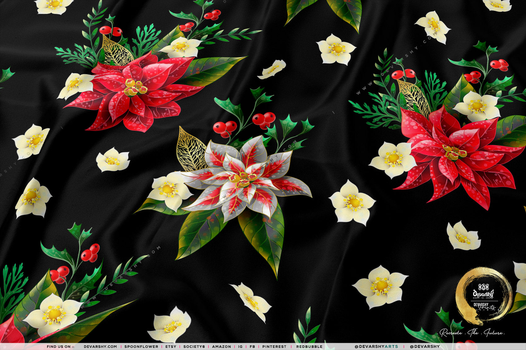 Poinsettia Floral Apparel Fabric 3Meters+, 9 Designs | 8 Fabrics Option | Fabric By the Yard | 070